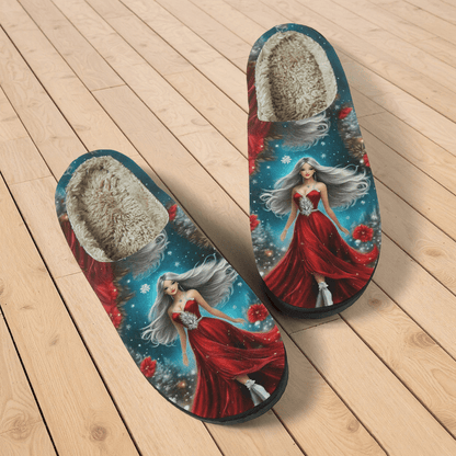 Women's Red Slippers with Red Dress Print - Winter Warm Soft Sole Slip-On Moccasins Suitable for Winter Parties, Christmas & New Year's Eve - Comfortable /Outdoor Footwear, European Style Fabric Upper & TPR Sole