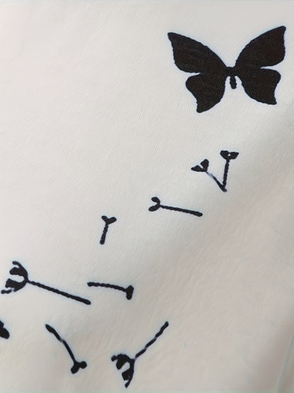 Dandelion &amp; Butterfly Print T-shirt, Casual Crew Neck կարճ թև վերնաշապիկ գարնան և ամառի համար, կանացի հագուստ