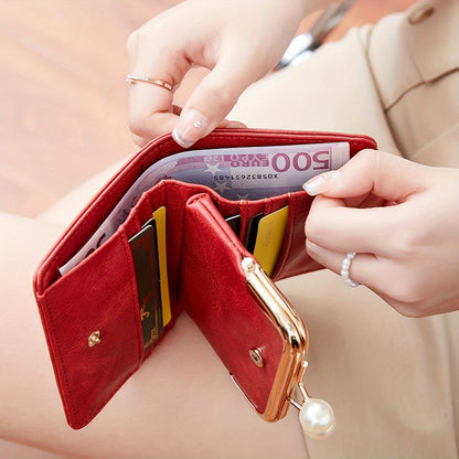 Women's Wallet Short Compact Three Layer LargeCapacity Retro Pearl Wallet High Quality PU Multi Card Seat/Coin ZeroWallet