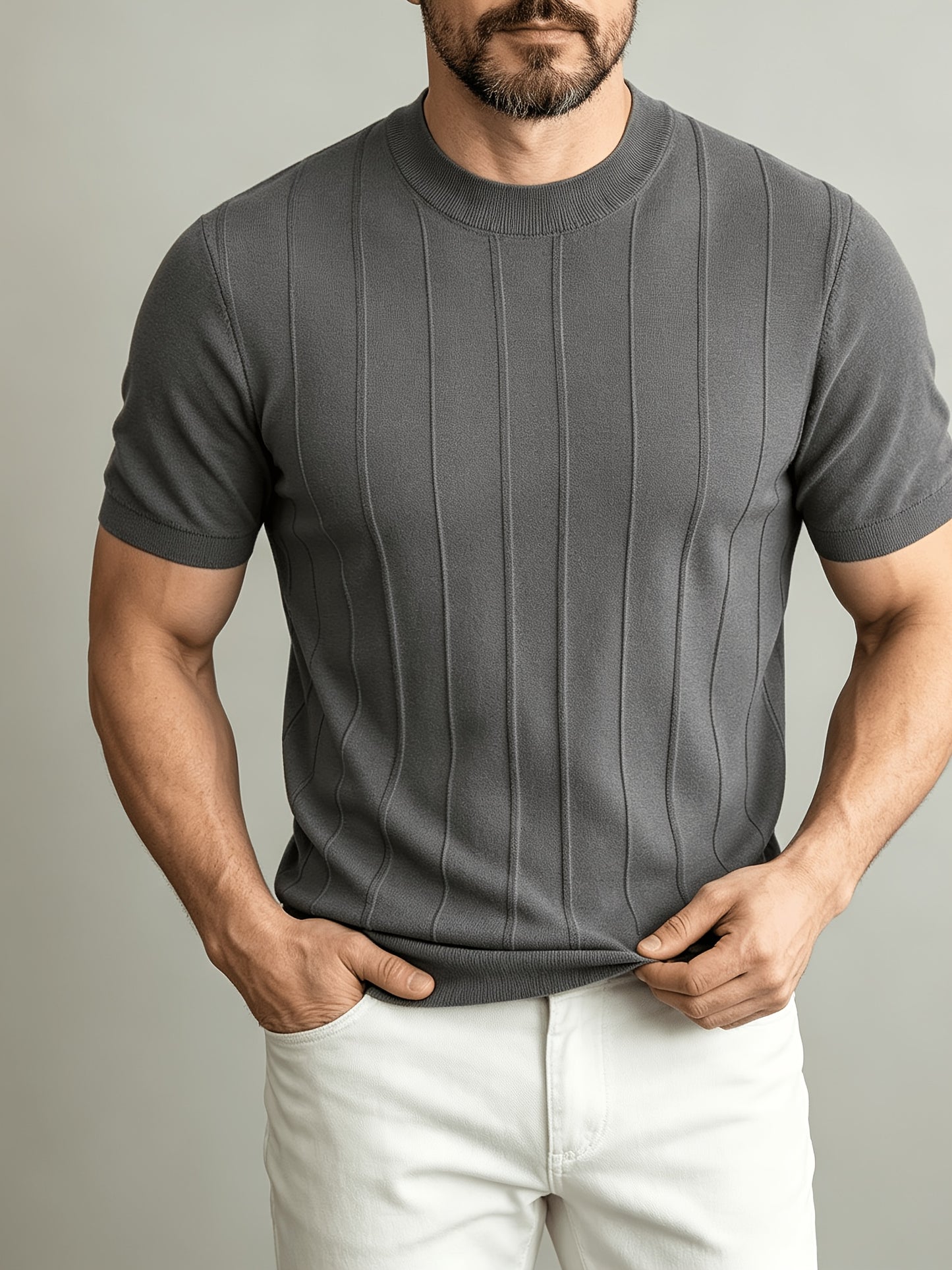 Men's Summer Slim Fit Rib Knit Crew Neck Short Sleeve Top