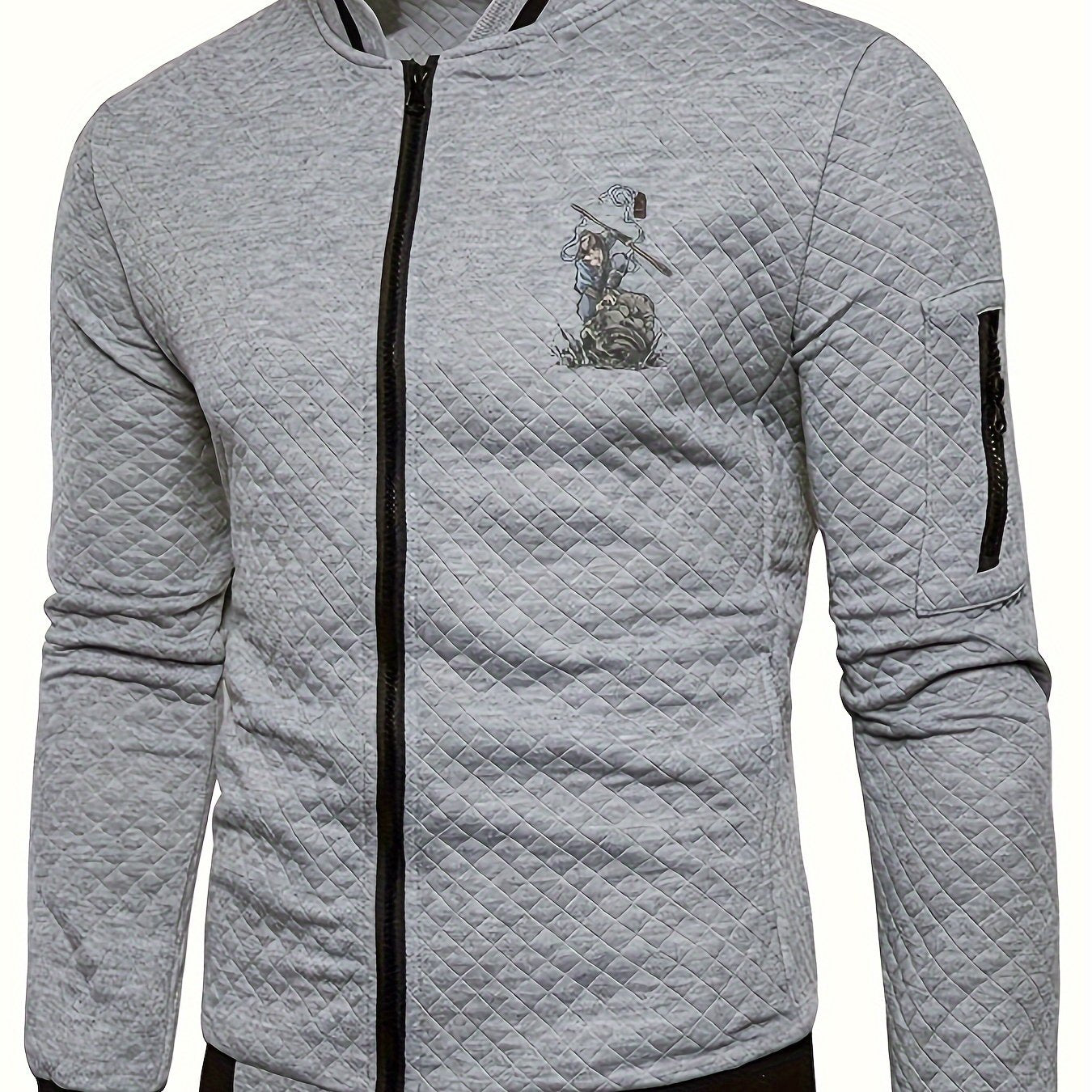 Men's Casual Stand Collar Jacket - 100% Polyester Knit Fabric with Slight Stretch, Solid Color Zippered Spring/Fall Outerwear with Cartoon Embroidery