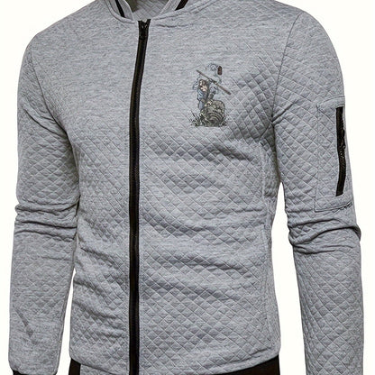 Men's Casual Stand Collar Jacket - 100% Polyester Knit Fabric with Slight Stretch, Solid Color Zippered Spring/Fall Outerwear with Cartoon Embroidery