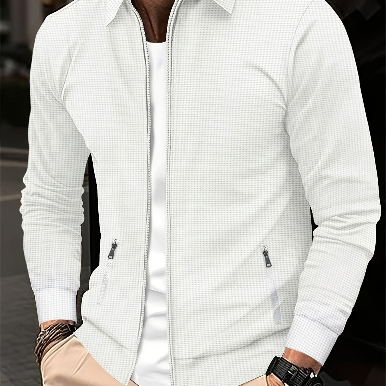 Men'S Lightweight Waffle Knit Long Sleeve Zip-Up Jacket - Breathable Golf & Running Top with Pockets, Casual Sporty Design for Outdoor Activities, Spring/Fall, Golf Jacket, Active Lifestyle Apparel, Classic Collar Style, Dura