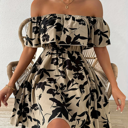 A Stylish Off-Shoulder Dress for Women, Featuring a Floral Pattern And a Ruffled Hem.