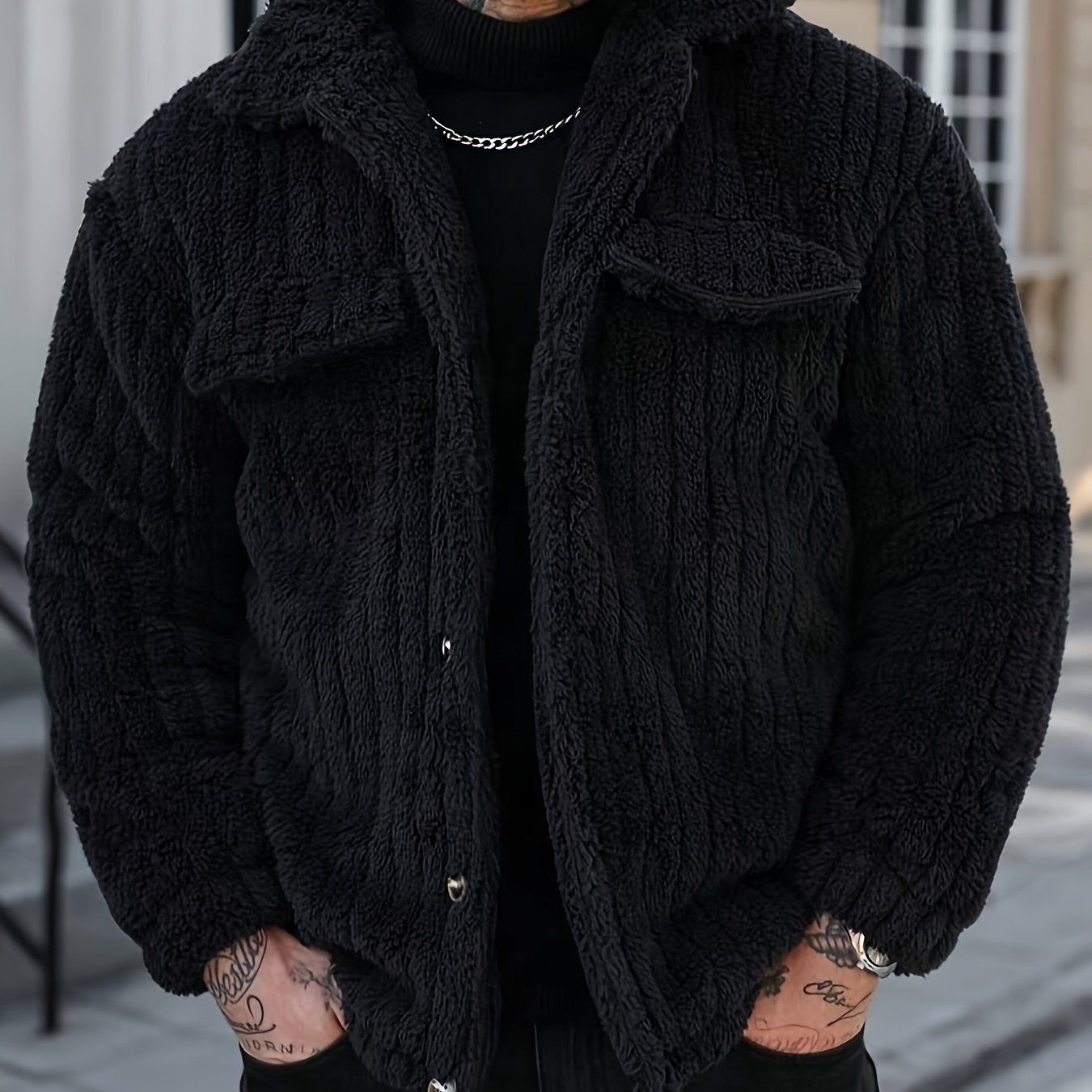 Men's Winter Jacket with Black & White Striped Collar & Single-Breasted Button Front - Soft Short Pile Outer Coat, Machine Washable Casual Outerwear for Cold Weather, Formal & Everyday Use (No), Casual Winter Jacket Men, Ligh