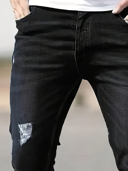 Men's Slim Fit Stretch Denim Jeans - Casual, Breathable & Machine Washable with Ripped Detail