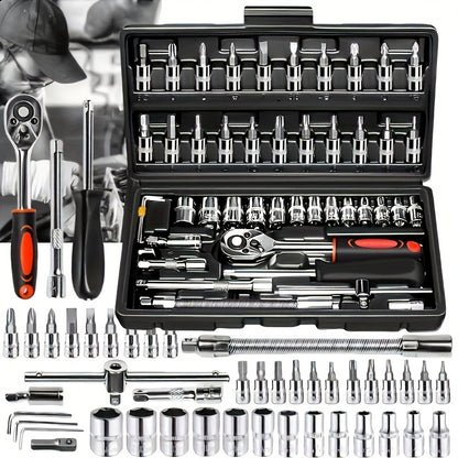 150/46pcs Professional All-in-One Auto Repair Tool Set Compatible for European- Heavy-Duty Alloy Metal Toolbox with Ratchet Torque Wrench, Hex Bit Screwdriver Kit, Multi-Size Car Mechanic Tool Kit for DIY& Professional Mechan