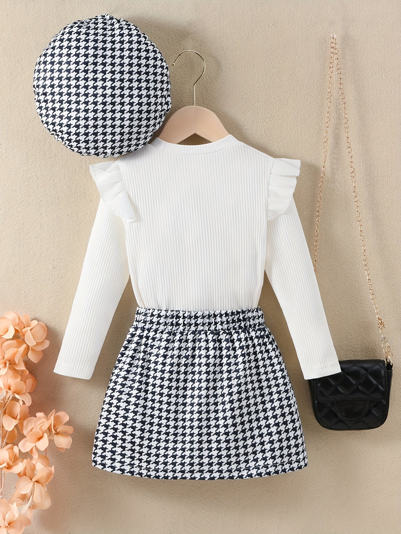 Youngsters Girls Ruffle Tee &amp; Houndstooth պրինտ կիսաշրջազգեստ և գլխարկ