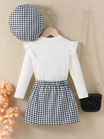 Youngsters Girls Ruffle Tee &amp; Houndstooth պրինտ կիսաշրջազգեստ և գլխարկ