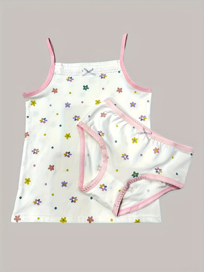 Girls' Cotton Playful Suspender Underwear Set with Bow Detail