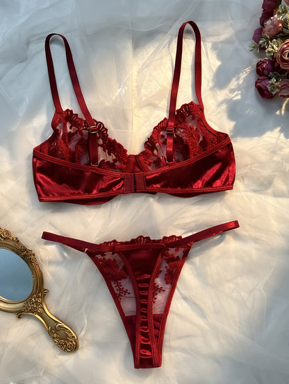 Elegant Wine Red Embroidered Lingerie Set with Thong