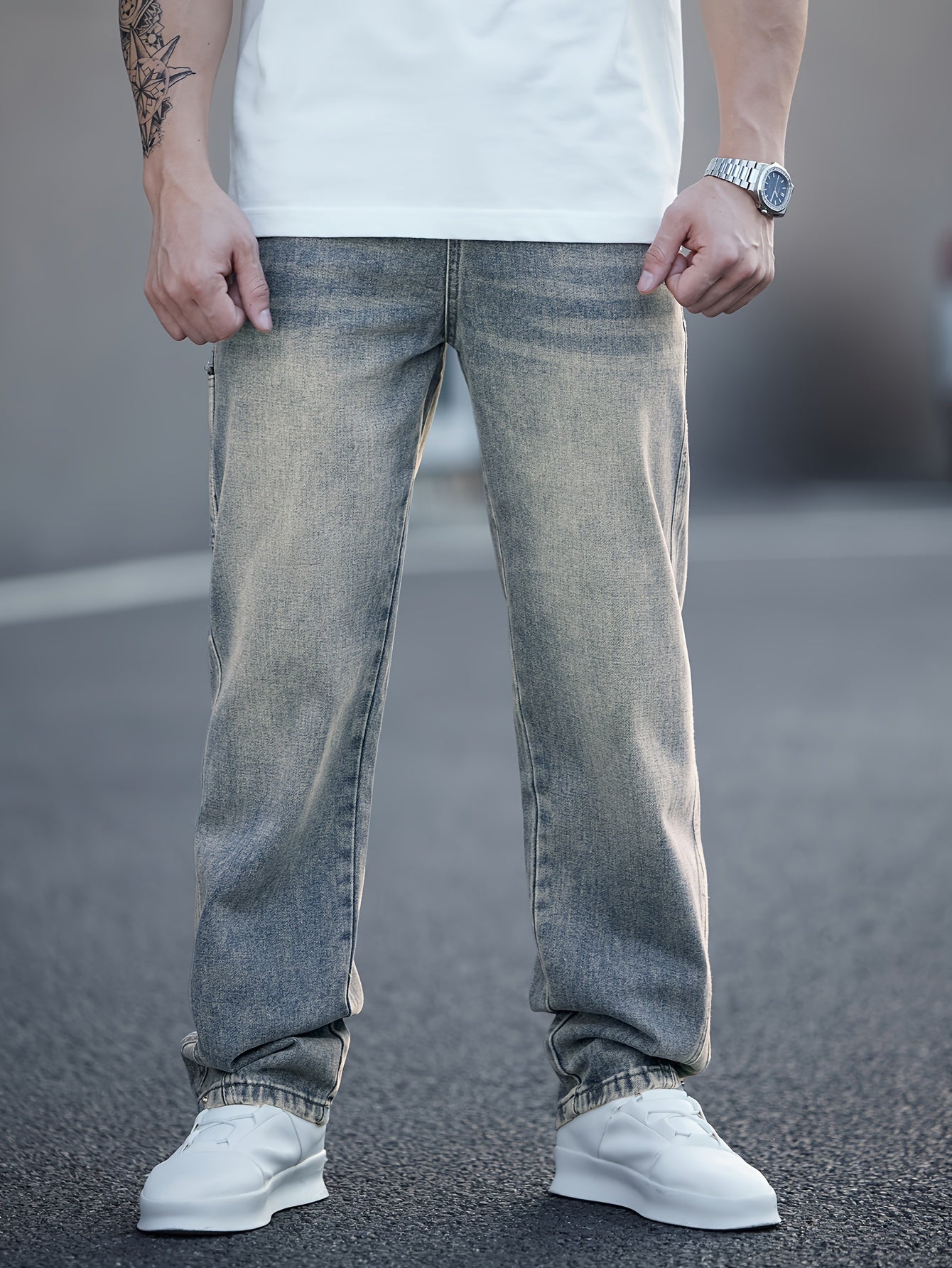 Men's Fashionable Washed Denim Wide-Leg Pants, Comfortable High-End Casual Trousers for All Seasons, Autumn-Winter, Versatile