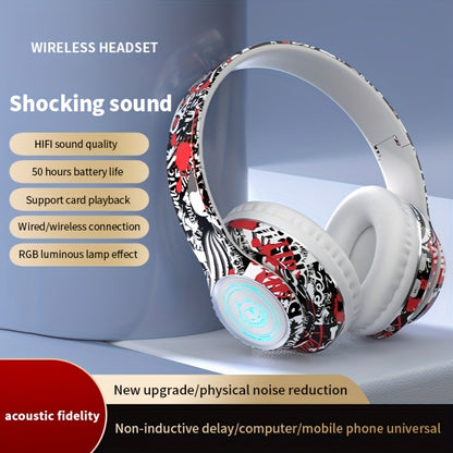 Wireless Headset with Shocking Sound, HIFI Sound Quality, 50 Hours Battery Life, Support Card Playback, Wired/Wireless Connection, RGB Luminous Lamp Effect, New Upgrade/Physical Noise Reduction, Acoustic Fidelity, Non-Inducti