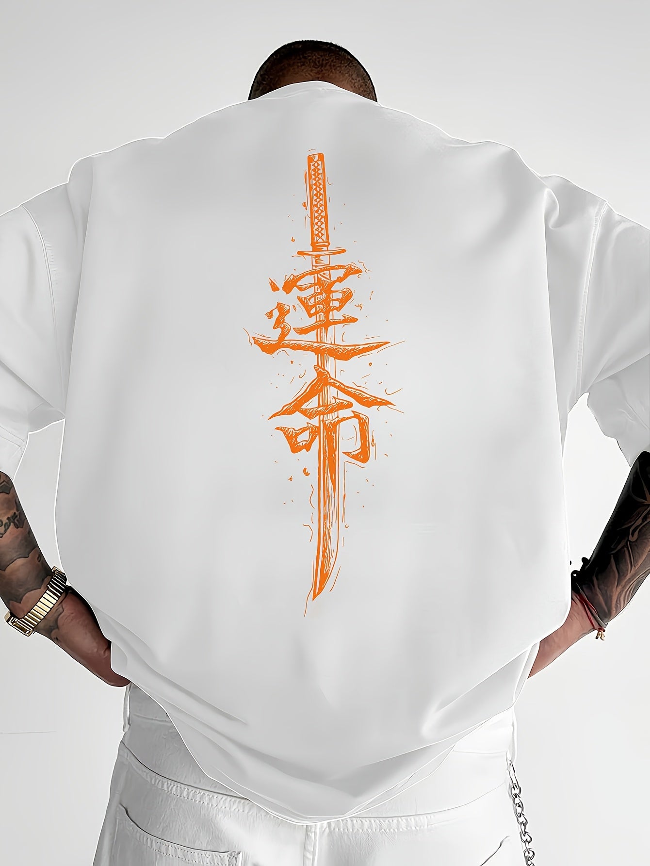 Men'S Japanese Samurai Sword Graphic T-Shirt - Casual Loose Fit Crew Neck, Short Sleeve Tee with Red Stylized Japanese Katanas Design, Breathable Polyester for Spring  Summer Outdoor Wear