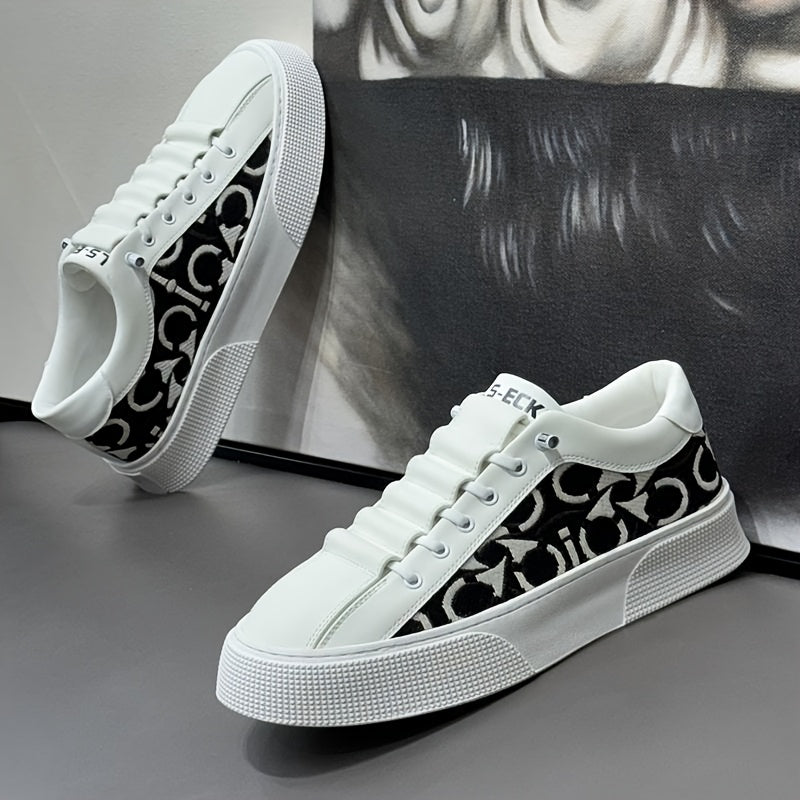 2025 New Men's Spring Slip-On White Sneakers, Breathable Casual Shoes with Embroidered Print, Trendy Footwear - ayq