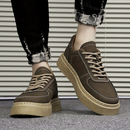Men's Solid Colour Platform Skateboard Shoes, Comfy Non Slip Durable Lace Up Sneakers For Men's Outdoor Activities