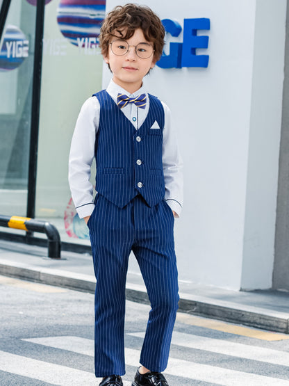 Boys Korean-Style Formal Outfit Set with Striped Vest & Bow Tie