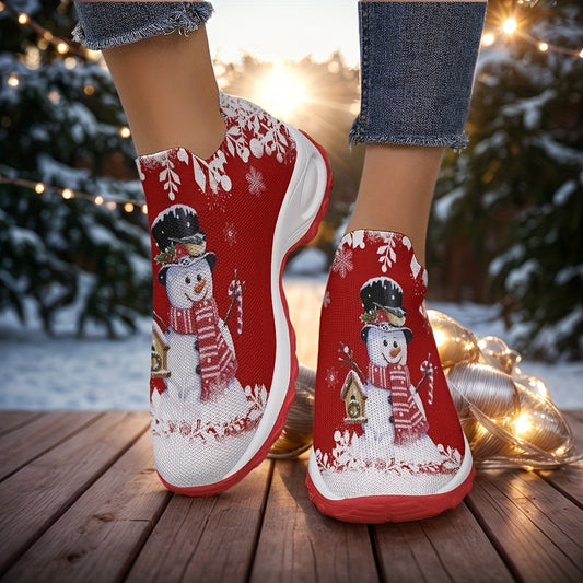 Women'S Slip-On Sneakers - Red & Snowman Print, Slip-On Closure, Cushioned Insole - All-Season Everyday & Formal Shoes - Easy-Clean Fabric Upper - Cozy Winter, Casual Footwear, Seasonal Fashion, Playful Design, Comfortable Fi
