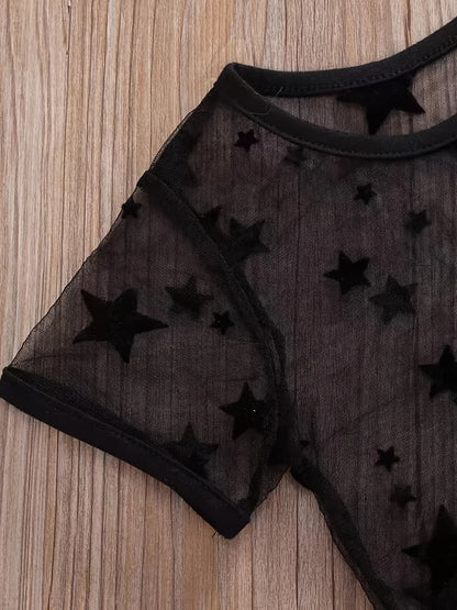 Girls Casual Cami Cropped Top &amp; Mesh Star Print T-shirt և ջինսե ջինսե հավաքածու ամառային բացօթյա համար