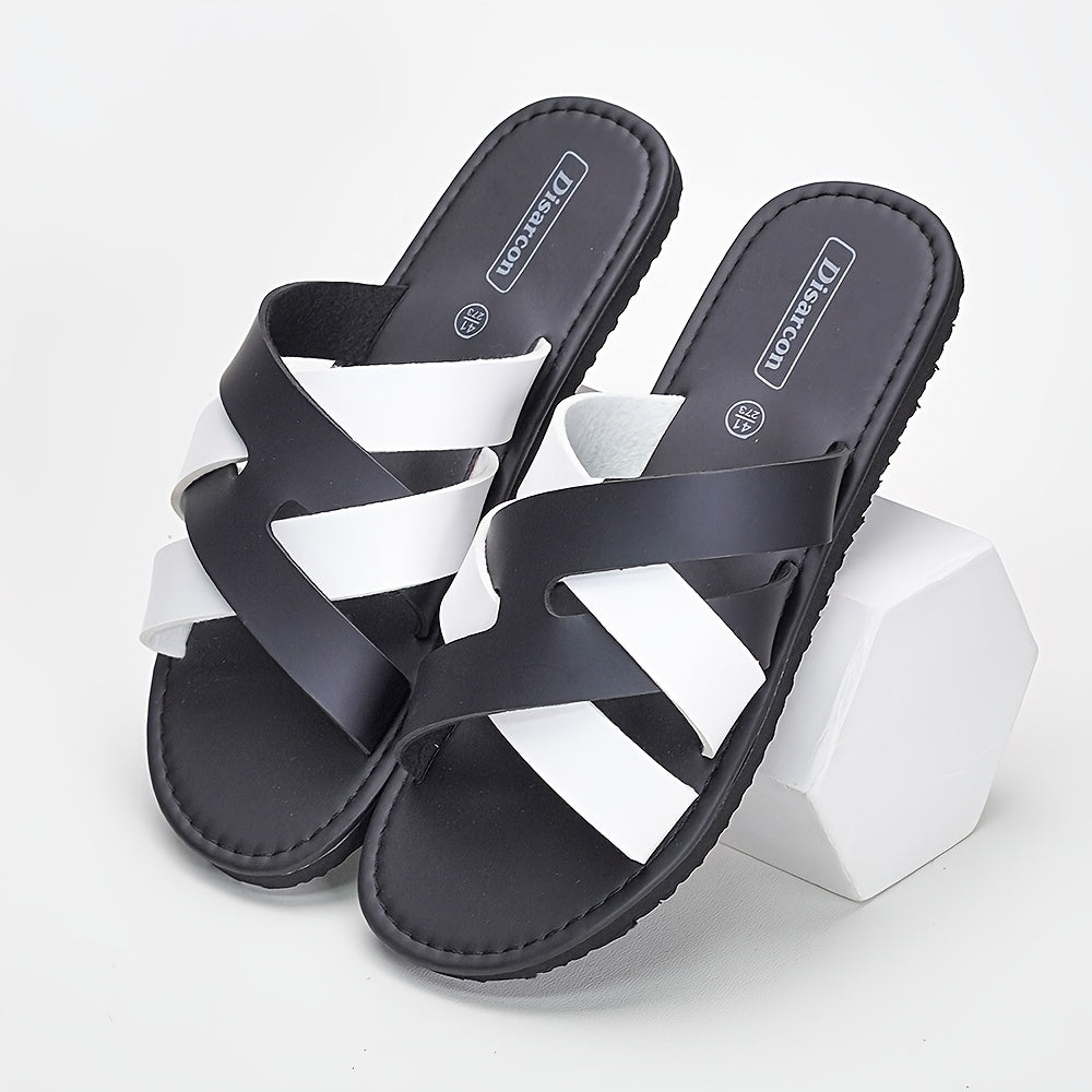 Men's Black White Cross-Strap Slippers, Breathable Non-Slip EVA Sole