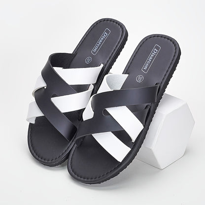 Men's Black White Cross-Strap Slippers, Breathable Non-Slip EVA Sole