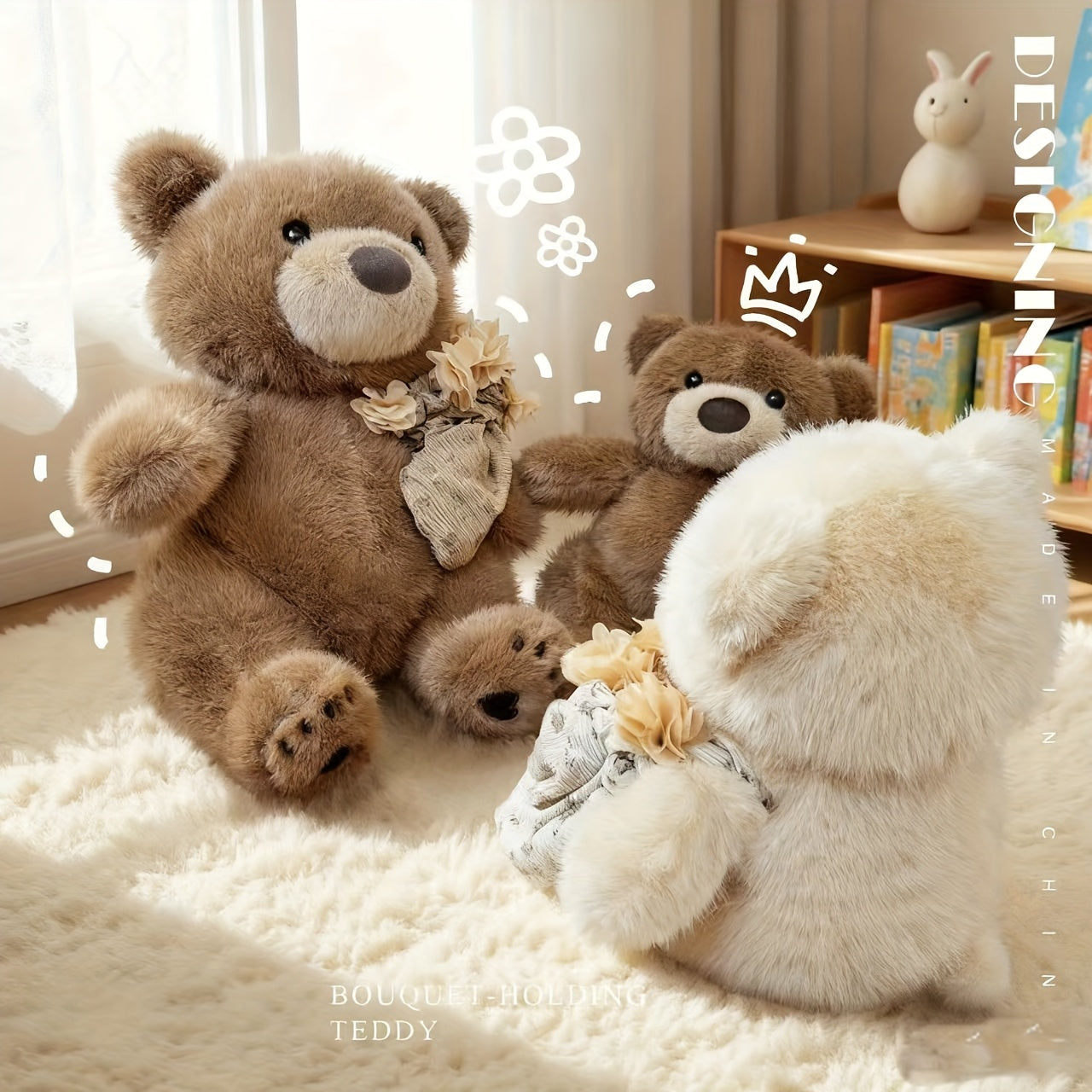 Flower-Holding Teddy Bear, Warm Desktop Decoration, Practical Desk Companion Doll, Holiday Gift