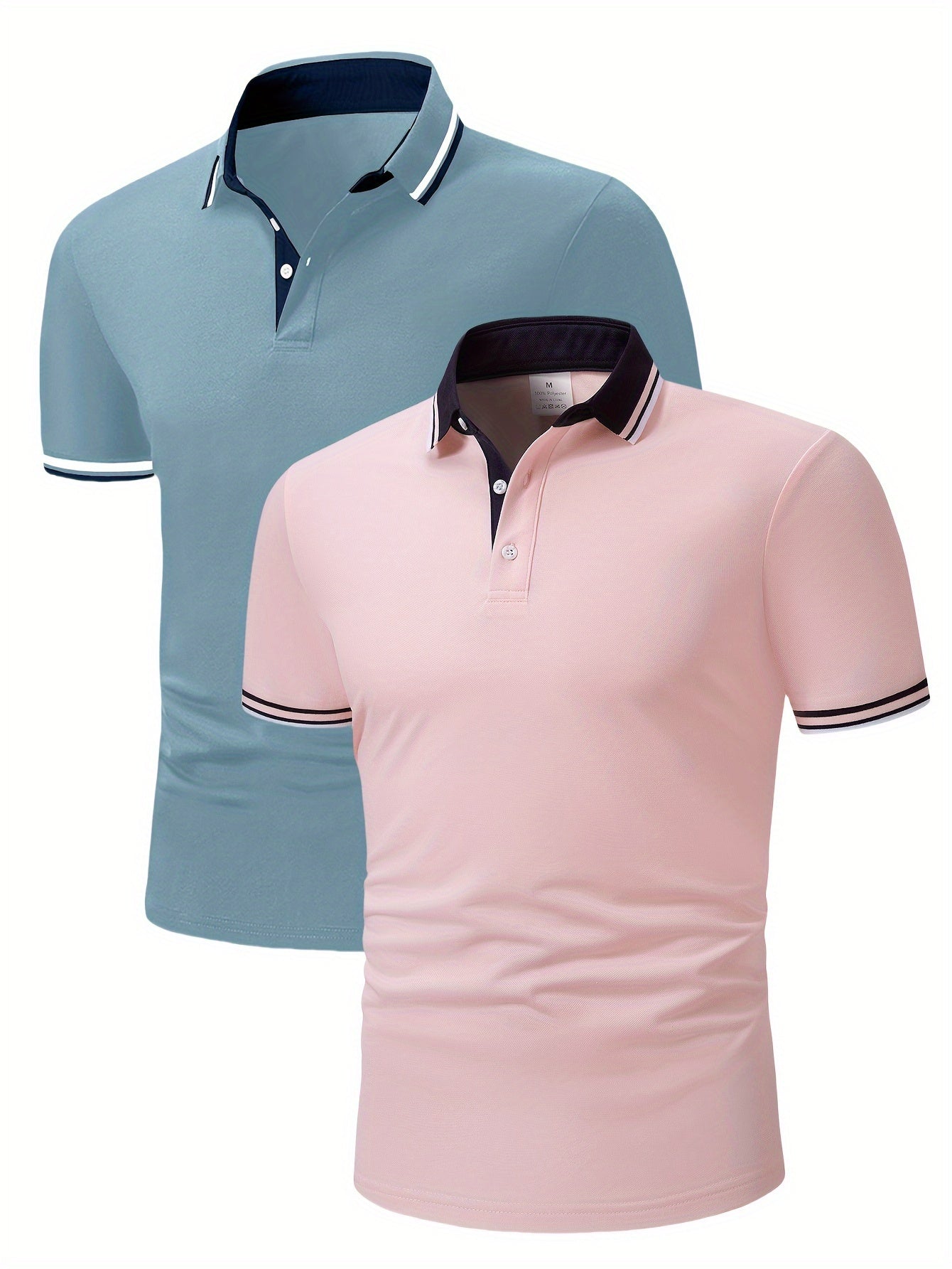 2 հատ տղամարդու կարճաթև վերնաշապիկներ կոնտրաստ օձիքներով - թեթև պոլիեսթեր, պաստել կապույտ և վարդագույն, շրջադարձային օձիքով, կոճակներով փակվող, սովորական, ամենօրյա և գործնական հագուստ, իդեալական ամառային կամ նվերների համար, կարճ թև վերնաշապիկներ