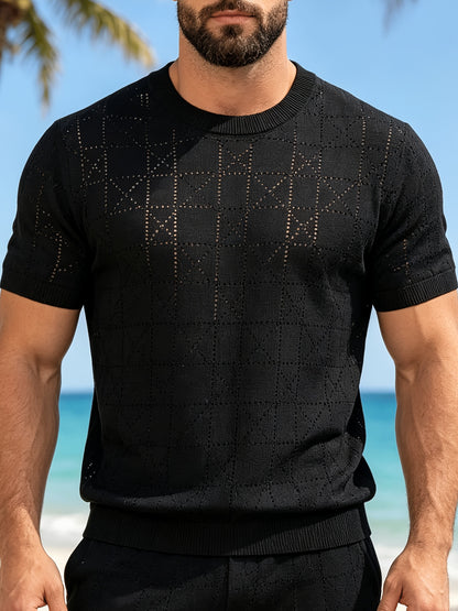 Men's Loose Fit Short Sleeve Hollow Knit Crew Neck Top