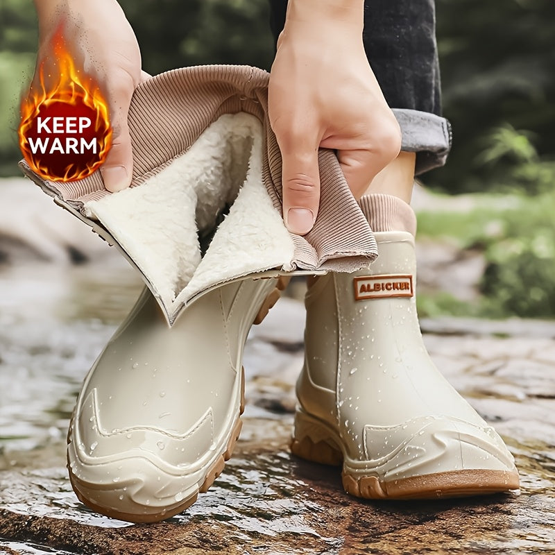 Men's Winter Plush-Lined Short Slip-On Rain Boots, Warm & Durable