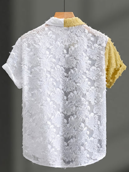 Men's Casual Sheer Lapel Collar Short Sleeve Shirt for Summer