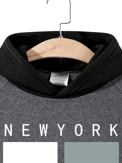 2pcs Boys' Oversized Hooded Sweatsuit & Jogger Pants Set with Letter Print - Beige & Brown Casual Winter Outfits, Thick Warm Fabric, Machine Washable, Pockets, Elastic Waist & Cuffed Hem for Play & Casual Attire - Ideal for L