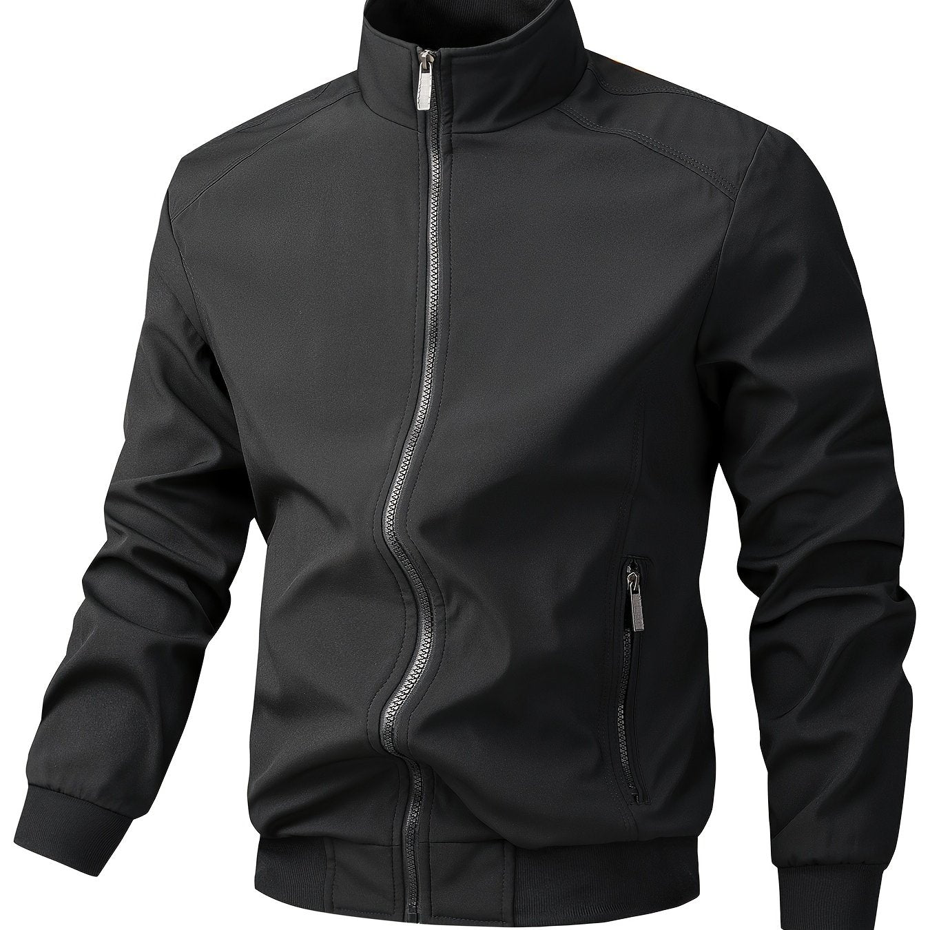 Men's Casual Royal Blue Bomber Jacket - Full Zip, Loose Fit, Polyester, Stand Collar, Long Sleeve, Lightweight & Durable for Spring and Fall, Casual Outerwear | Ribbed Cuff Sleeves | Durable Outerwear