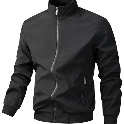 Men's Casual Royal Blue Bomber Jacket - Full Zip, Loose Fit, Polyester, Stand Collar, Long Sleeve, Lightweight & Durable for Spring and Fall, Casual Outerwear | Ribbed Cuff Sleeves | Durable Outerwear