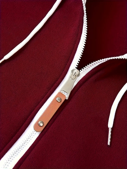 Տղամարդու ոճային գունային բլոկներով վերնաշապիկ՝ առօրյա, կայծակաճարմանդով և գլխարկով սվիտեր՝ առջևի գրպաններով, երկար թևքերով և երիզներով՝ շագանակագույն և սև դիզայնով, հարմարավետ աշնանային և ձմեռային հագուստի համար։