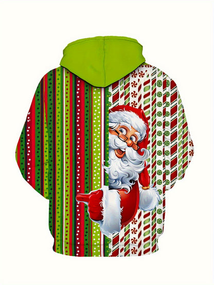Plus Size Men's Funny Christmas Hoodie- Festive Santa Claus& Snowflake Print, Red& White Holiday Sweatshirt with Pockets, Casual Long Sleeve Pullover for Fall& Winter, Perfect Christmas Gift, Christmas Clothes, PLUS SIZE