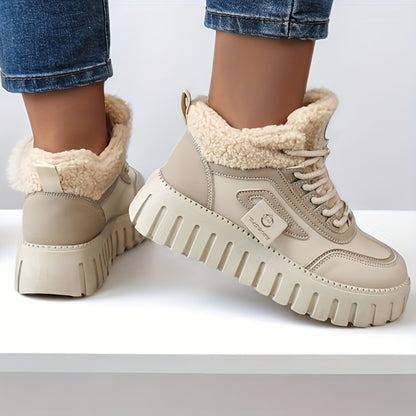 Women'S Winter Warm High-Top Sneakers - Breathable Synthetic, Plush Lined, Durable PVC Sole, Stylish Beige & White Design for Outdoor Casual Wear, Winter Sneakers | Stylish Winter Shoes | Durable PVC Sole, Women Winter Shoes,