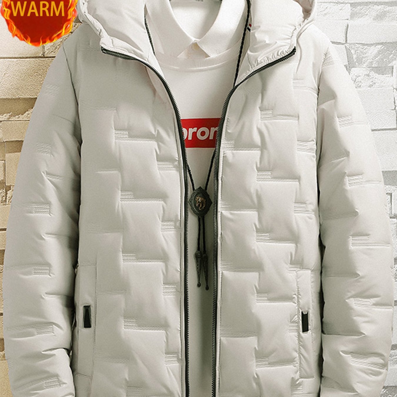 1pc Men's Heavy-Duty Winter Jacket with Hood - Stand Collar & Zippered Pockets, Grey/Black & White, Machine Washable Cold Weather Coat for Skiing, Snowboarding, Outdoor Activities (-Filled)