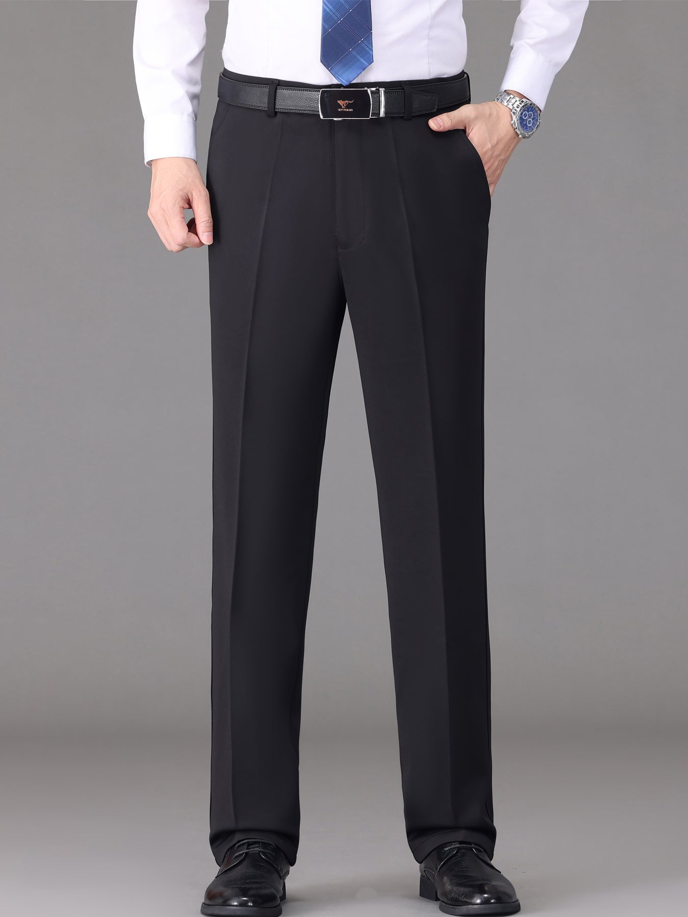 [Lightweight Design] Men's High-Waist Stretch Dress Pants - Wrinkle-Resistant, Dark Blue Business Casual with Pockets, Straight Leg Fit for Spring/Fall