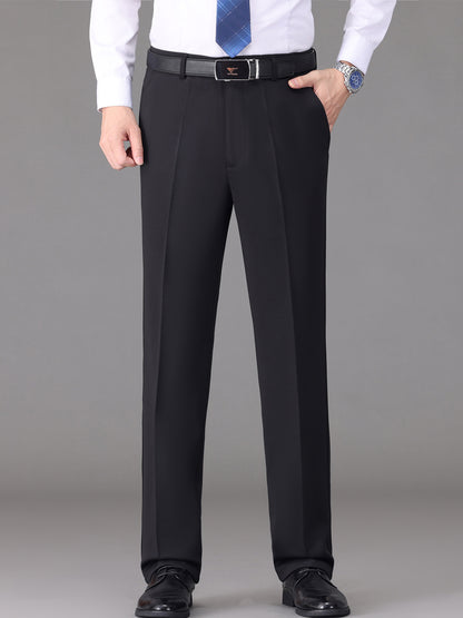 [Lightweight Design] Men's High-Waist Stretch Dress Pants - Wrinkle-Resistant, Dark Blue Business Casual with Pockets, Straight Leg Fit for Spring/Fall