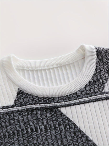 Տղամարդու նորաձև ադամանդե գույնի տրիկոտաժե երկար թևքով սվիտեր՝ արհեստական ​​տանձի գույնի, OBM անունով, առօրյա ոճով, կողավոր դետալներով, բարձր ձգվող գործվածքով, երկրաչափական նախշերով, կանոնավոր չափսերով, իդեալական է աշուն/ձմեռ համար։