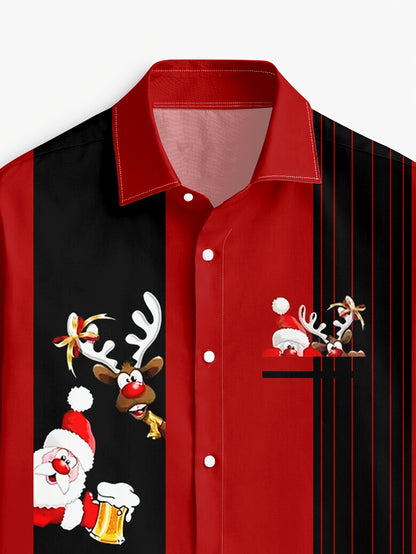 Men'S Christmas Long Sleeve Shirt - Red & Holiday Party Shirt with Santa Claus, Reindeer & Snowflakes, Button-Up Collar, Non-Stretch Fabric for Christmas, Halloween, New Year