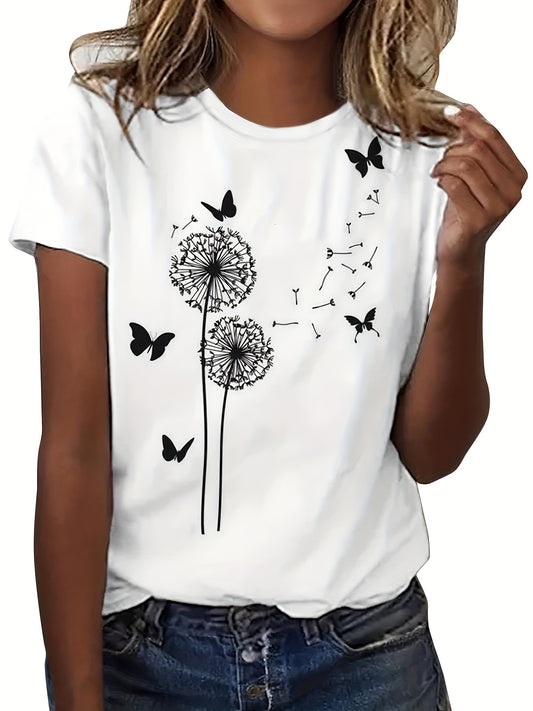 Dandelion &amp; Butterfly Print T-shirt, Casual Crew Neck կարճ թև վերնաշապիկ գարնան և ամառի համար, կանացի հագուստ