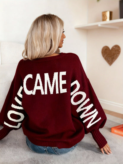 Autumn/Winter New Arrival Niche Cardigan for Women, Lazy Style Sweater Top with Wine Red and Coffee Color Letter Print, Round Neck Pullover with Designer Pattern, Casual Elegant Winter Top, Urban Commute Basic Versatile Style