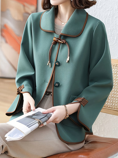 Կանացի էլեգանտ կորեա-ճապոնական ոճի գարուն/աշնանային բաճկոն - մուգ կանաչ՝ շագանակագույն կոճակներով և դեկորատիվ կոճակներով, լվացքի մեքենայով լվացվող թեթև վերնազգեստ՝ առօրյա կամ պաշտոնական հագուստի համար