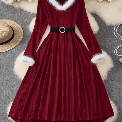 Plus Size - Plus Size, Women'S Elegant Formal Party Dress - Long Sleeve V-Neck with Adjustable Waist Belt, Flared Skirt - Elegant Evening Gown for Christmas, Galas, Weddings - Plus Size Friendly - Black Formal Attire, Formal