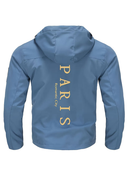Men's Heavy-Duty Winter Hooded Jacket with Paris Print & French Label-Like Pocket - Full-Zip Full-Length Coat, Slim-Fit Casual Outerwear (Machine Washable) - Blue/Golden for Business & Everyday Use (), Mens Clothes, Workwear