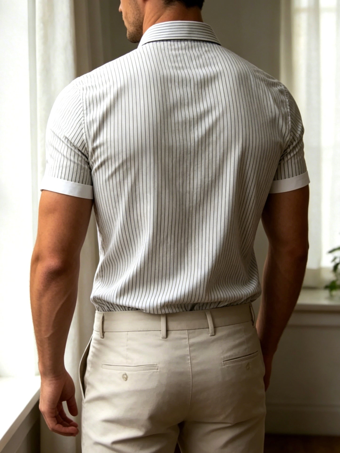 Men's Casual Striped Short-Sleeve Polyester Shirt