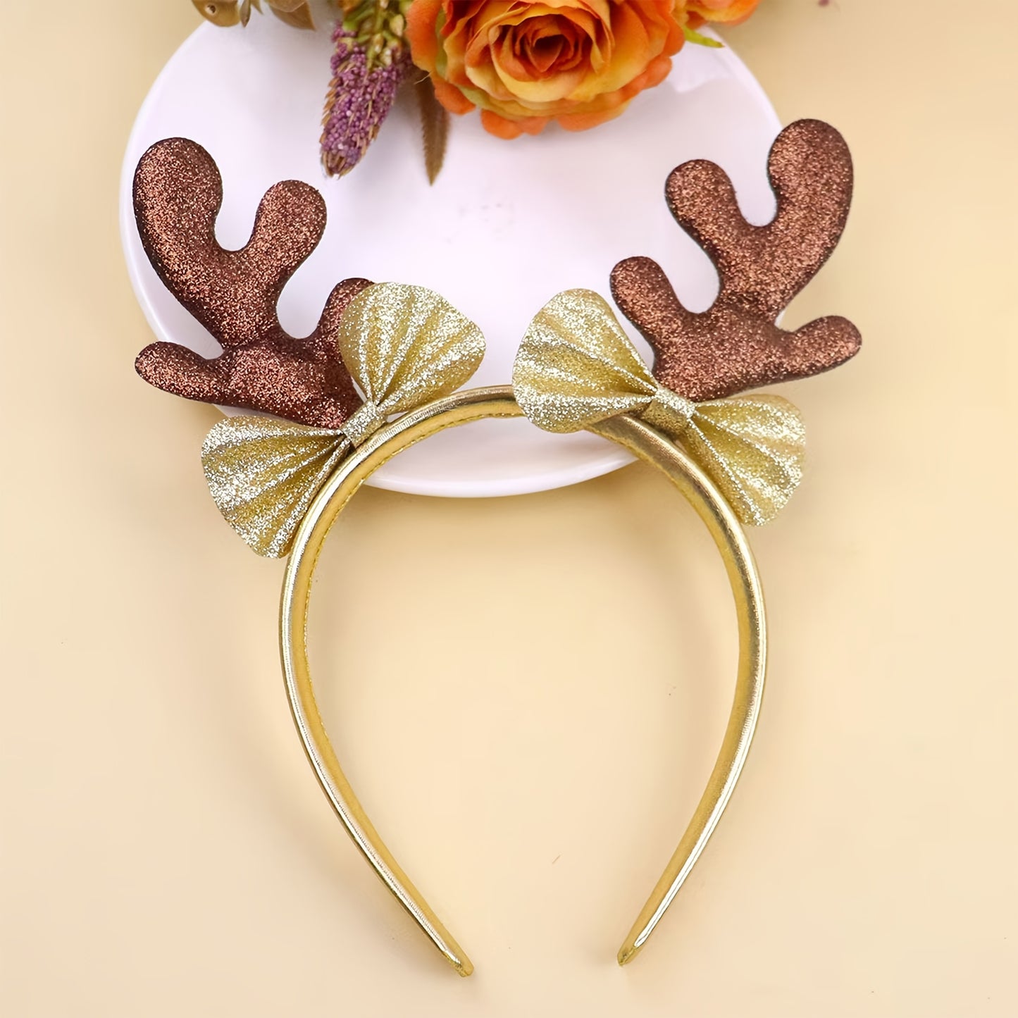 1pc Women's Elegant & Cute Deer Headband with Glittery Antlers, Pink Bow & -like Beads - Pastel Pink Soft Hair Band for Christmas Party, New Year's Eve, Casual Attire - Comfortable Hair Accessory for Women & Teens