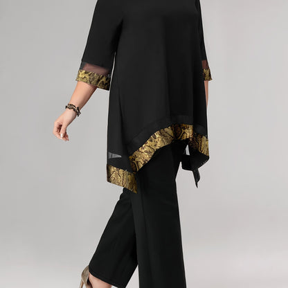 Women'S Fashion Solid Color Mesh Splicing Top Plus Trousers, Two-Piece Suit for Daily Elegance