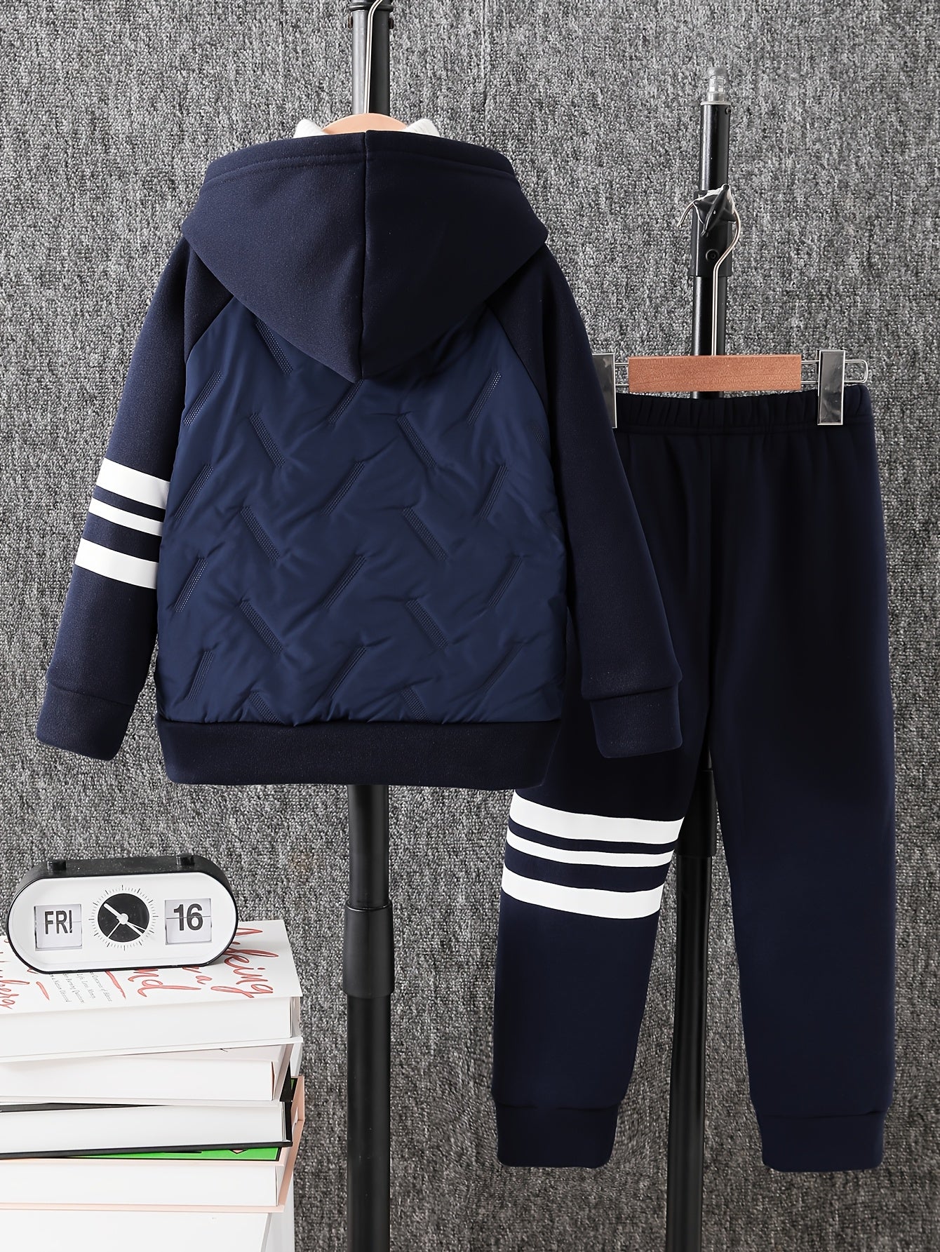 DONABEBE Boys' 2pcs Winter Hooded Jacket & Pants Set - Navy Blue/White Striped Full-Zip Thick Warm Outfit, Casual Playwear & Everyday Outfits for Boys, Easy Care, Perfect for Outdoor, Winter Jacket And Pants For Boys, Winter